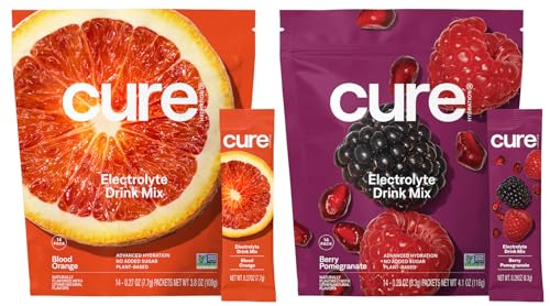 Cure Hydration Bundle | Plant-Based Electrolyte Drink Mix | No Added Sugar | FSA-HSA | Dehydration Relief Powder Made with Coconut Water | Vegan | 28 Packets - Blood Orange & Berry Pomegranate