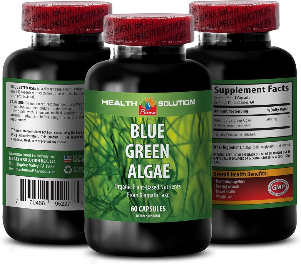 Blue Green Algae Superfood - Blue Green Algae - Blau Grün Algae für Immunität - Klamath Shores Blue Green Algae, Verdauungsergänzung, Immununterstützungsergänzung, Blau Grün Algae Pulver, 1b 60 Caps