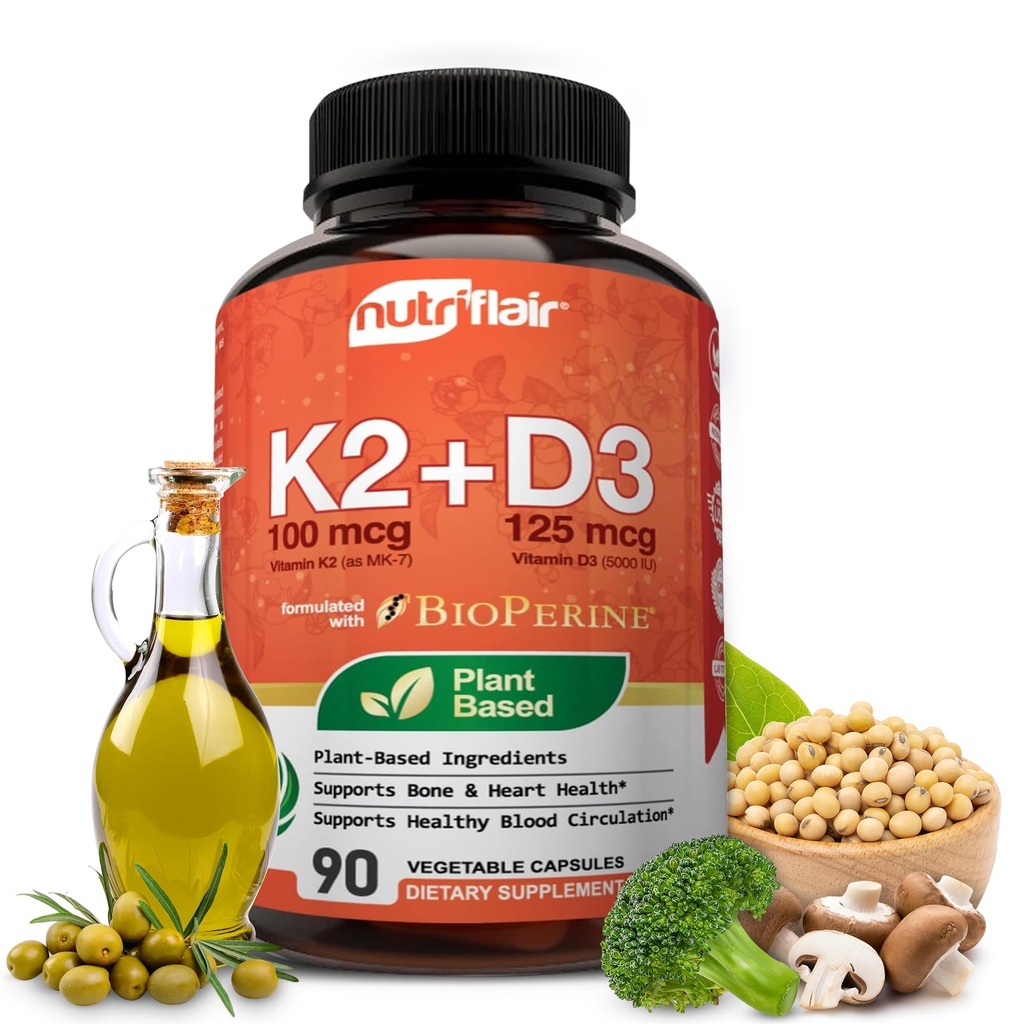 NutriFlair Vitamine D3 (5000iu/125mcg) + K2 (als Mk7) - Hergestellt mit pflanzlichen Inhaltsstoffen Plus BioPerine Black Pepper Extract, 90 Kapseln - Unterstützt gesunde Immunität, Herz und Gesundheit - Non-GMO Pillen