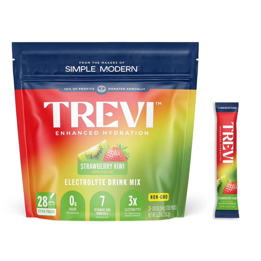 TREVI™ Everyday Sugar Free Electrolytes - Essential Drink Mix Hydration Powder Packets - 28 Count - Strawberry Kiwi