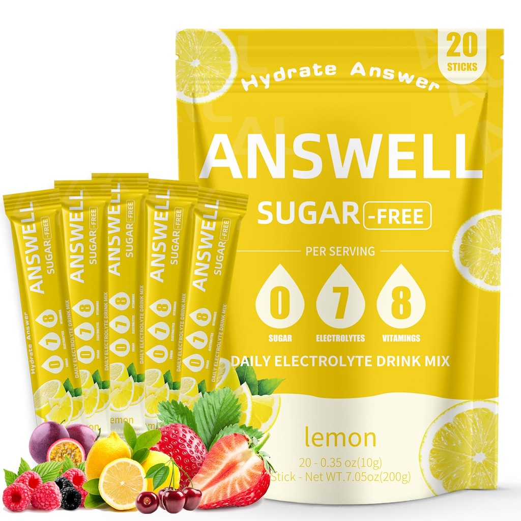 Electrolytes Powder Packets Sugar Free - Liquid Daily IV Drink Mix for Rapid Hydration & Party Recovery | 8 Vitamins & 7 Electrolytes | Non-GMO | No Color Additive |20 Sticks (V2-Lemon)