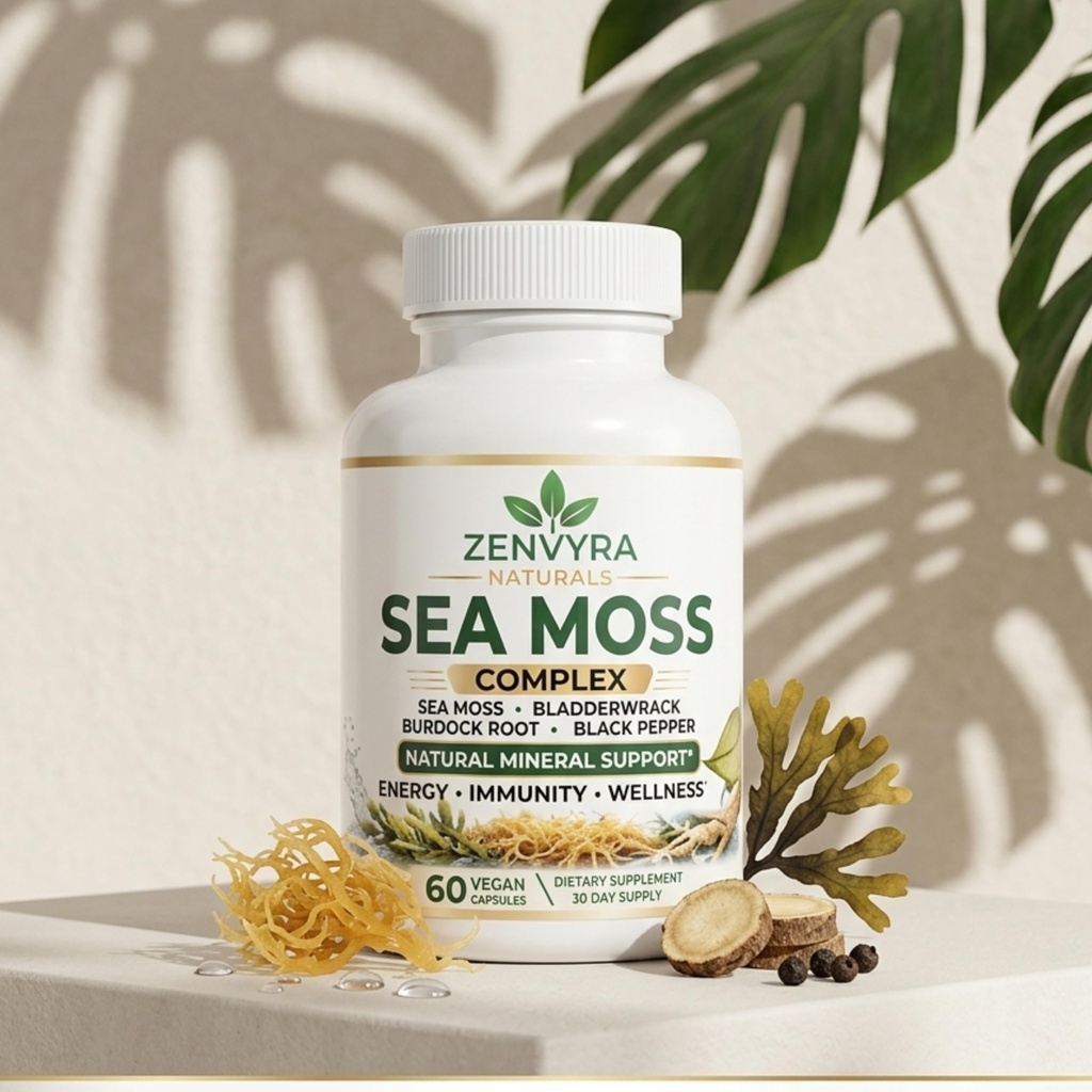 Sea Moss Complex Capsules - Irish Moss, Bladderwrack and Burdock Root with Black Pepper, Natural Mineral Support, Energy, Immunity and Wellness, 60 Vegan Capsules