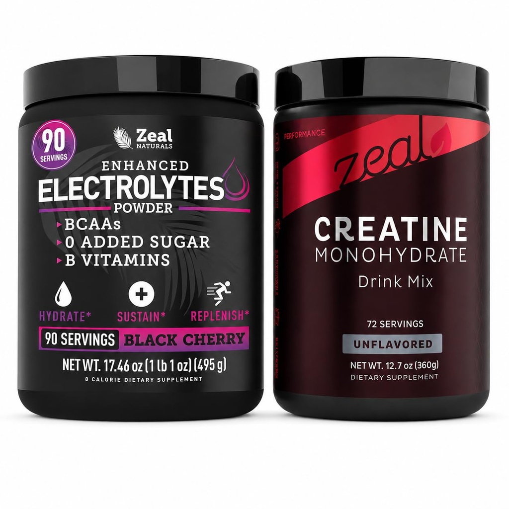 Zeal Naturals Electrolytes Powder 90 Servings (Black Cherry) + Creatine Monohydrate Powder 72 Servings