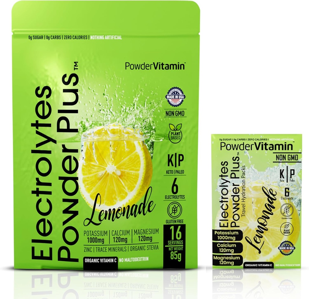 PowderVitamin Elektrolyte Powder Plus, Keto, Lemonade, Sugar Free, Pink Himalaya Salz, 1000mg Kalium, 120mg Calcium, 120mg Magnesium, Non-GMO, Zero Calories, (16 Hydration Packets)