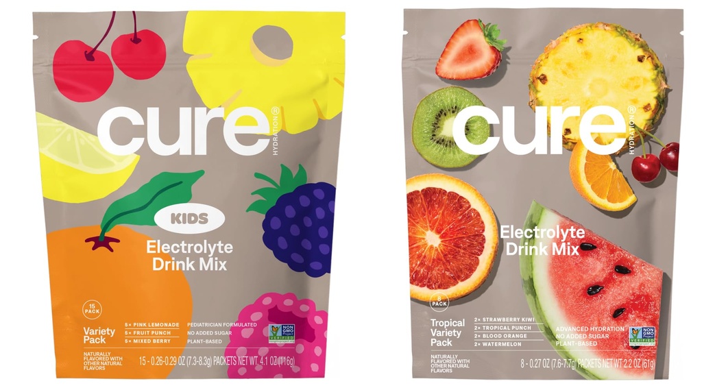 Cure Hydration Family Bundle | Plant-Based Electrolyte Drink Mix | No Added Sugar | Coconut Water | FSA-HSA | Non-GMO | Vegan & Gluten-Free | 15 Pack Kids Variety & 8 Pack Tropical Variety