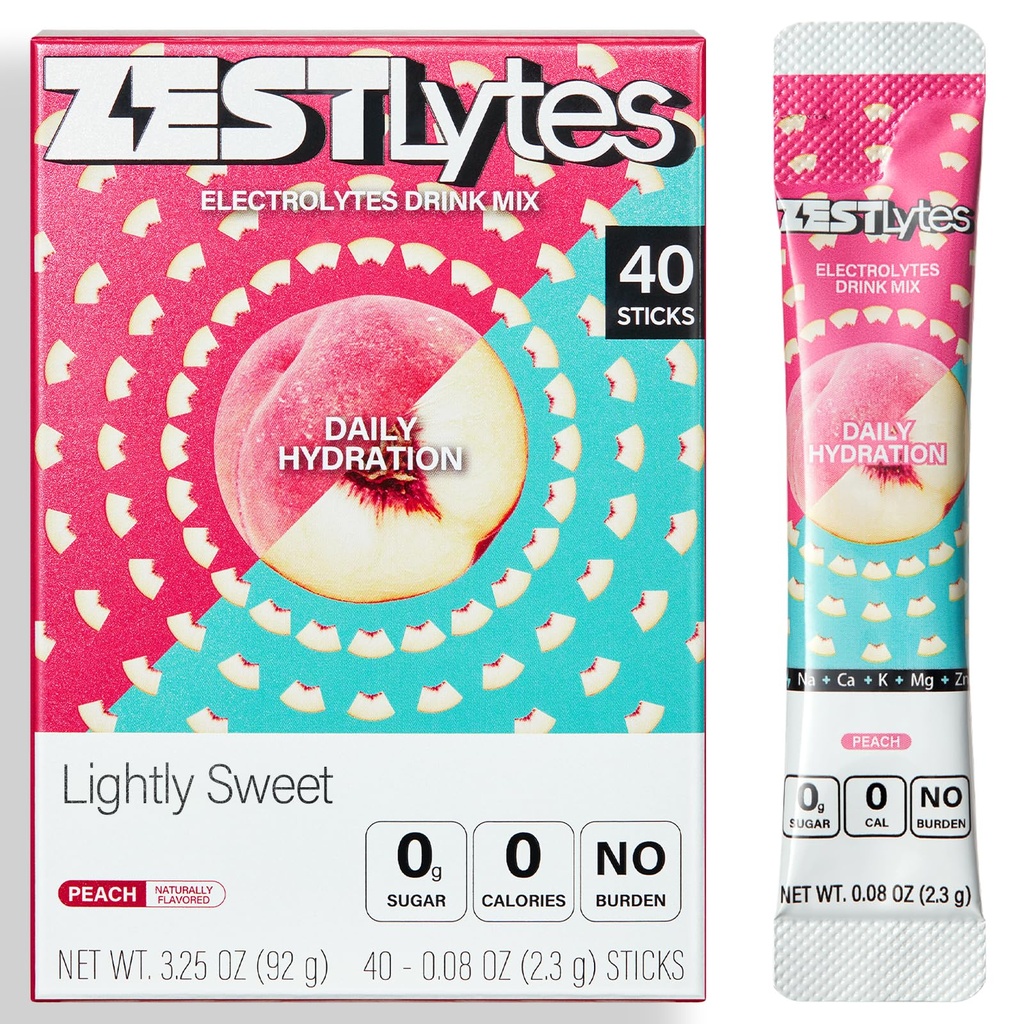 40 Sticks Low Sodium Sugar Free & 0 Calorie Electrolyte Hydration Packets, Lightly Sweet Electrolyte Powder Drink Mix, Liquid Daily IV Flavors | Peach