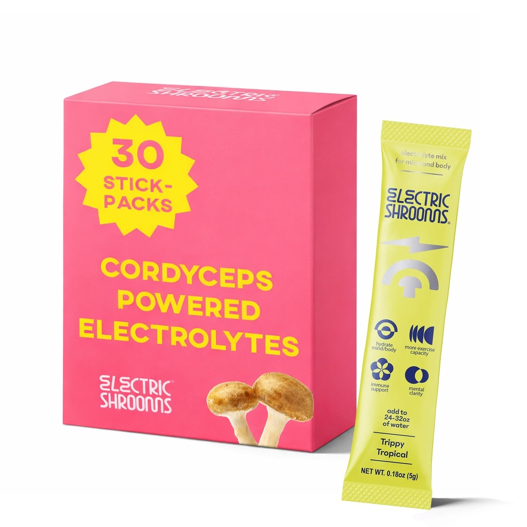 Cordyceps Mushroom Hydration Drink Mix 30 Stick Packs Tropical – Sugar Free Electrolytes with Magnesium Malate - Energy, Lung & Immune Support I Instant Hydration Powder Keto Friendly