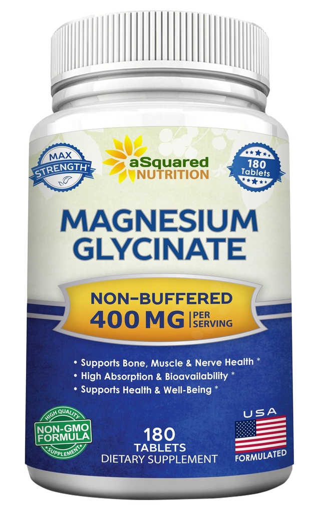 aSquared Nutrition Magnesium Glycinate 400mg - 180 Tabletten - Max Strength Magnesium Bisglycinat Supplement -Maximale Bioverfügbarkeit & Absorption-Non-GMO -Nicht gepuffert-Unterstützung Muskeln, Knochen & Herz