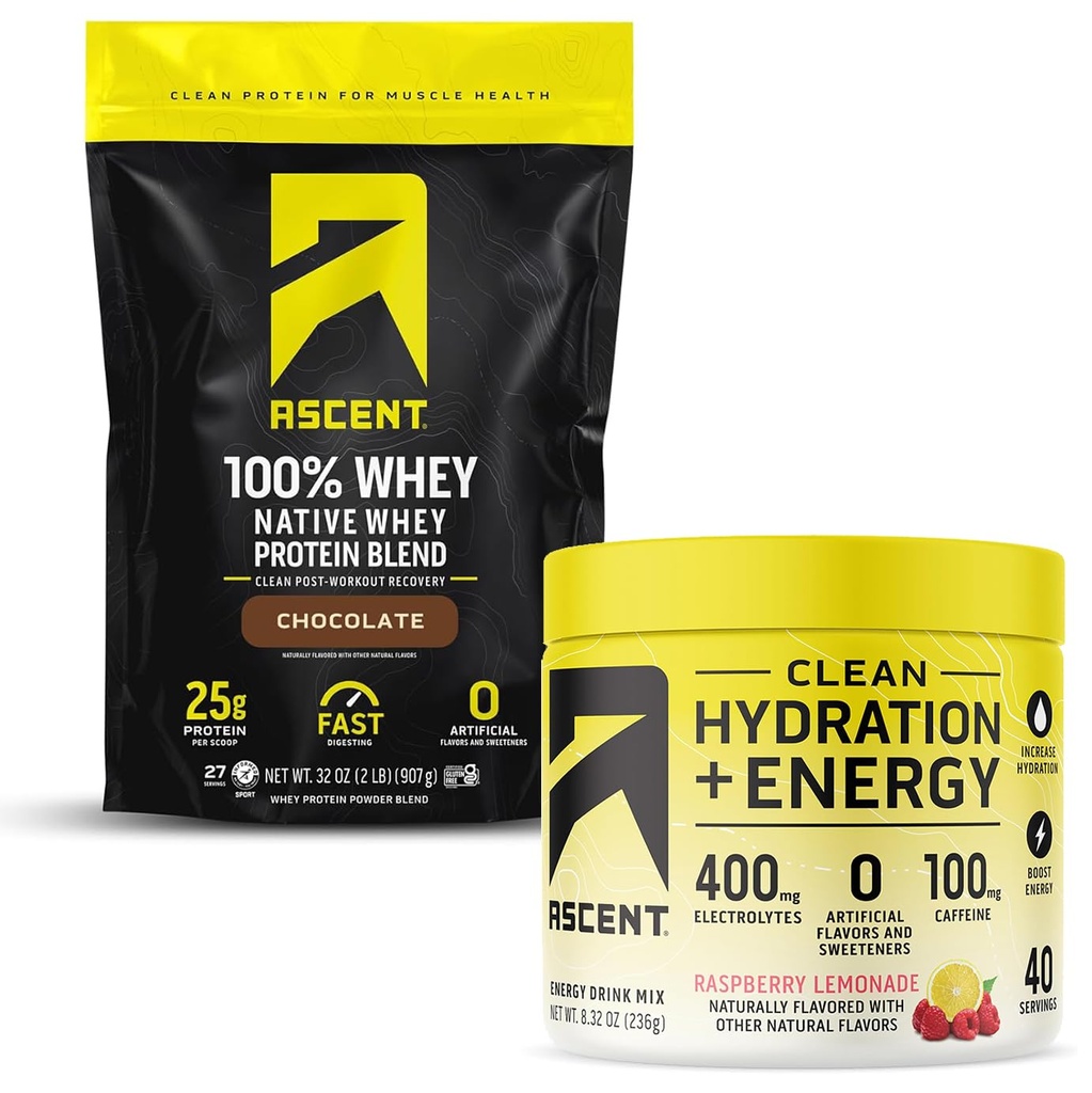 Ascent 100% Whey Protein Powder, Chocolate 2 lb & Hydration + Energy Electrolytes, Raspberry Lemonade 40 Servings