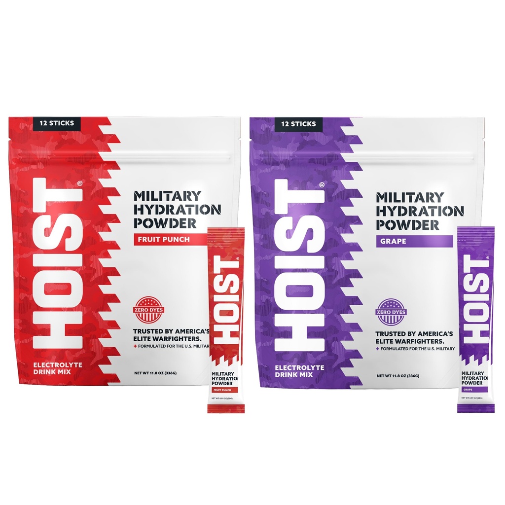 HOIST Premium Military Hydration Electrolyte Powder – Fruit Punch & Grape Twin‑Pack (2×12‑Stick Packs) – Rapid Hydration for Performance & Endurance