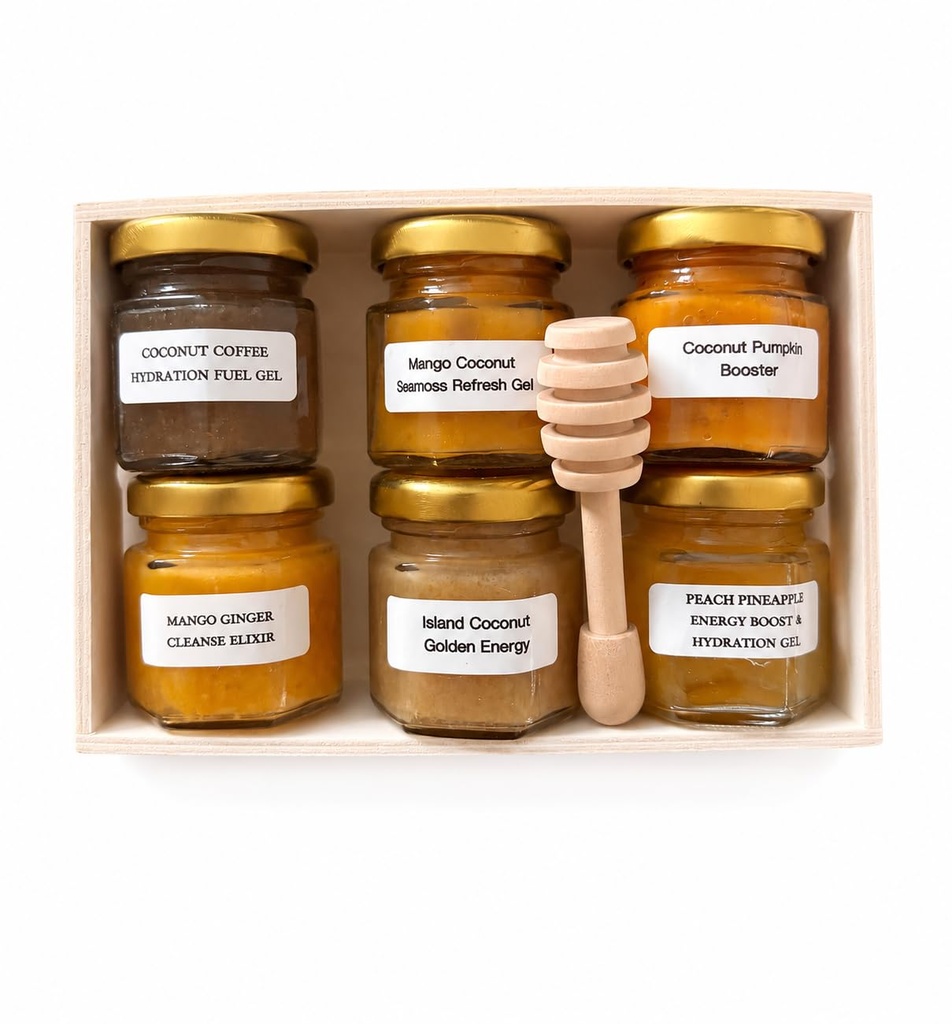 Wellness Seamoss Gel Variety Pack – 6 Mini Hydration & Energy Blends with Wooden Honey Dipper – Coconut Coffee, Mango Coconut, Peach Pineapple & More