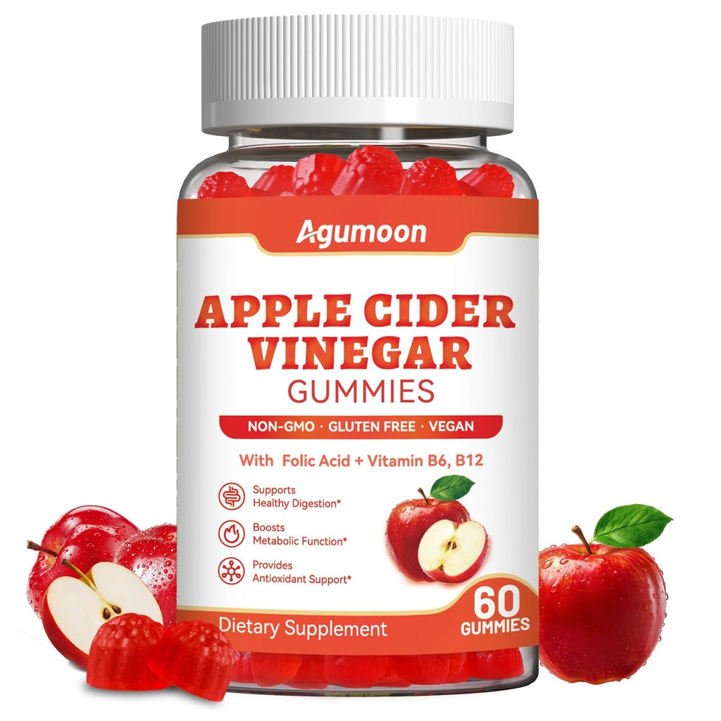 Apple Cider Vinegar Gummies for Daily Wellness, Digestive Support & Natural Energy, Sugar Free ACV Gummies with Vitamin B6 B12 Folate, Natural Apple Flavor, Vegan 60 Count