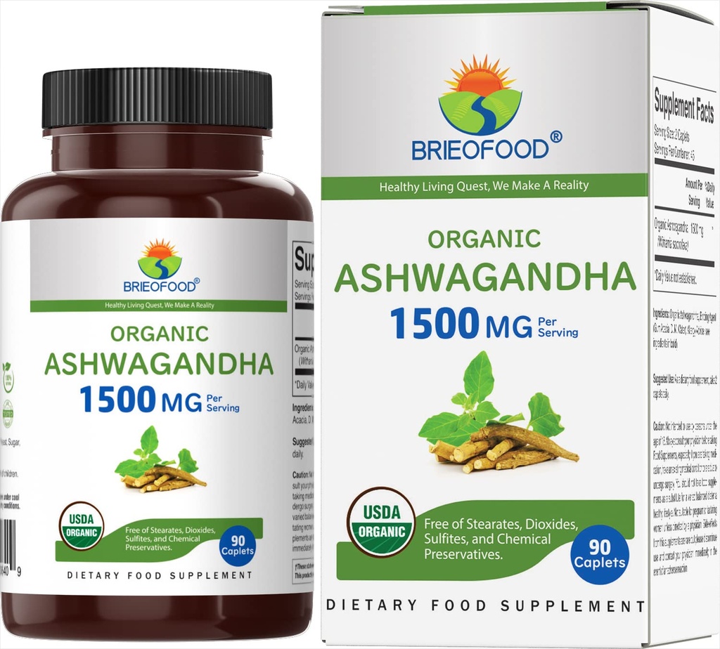 Brieofood Organic Ashwagandha 1500mg, 45 Servierungen, Vegetarisch, Glutenfrei, 90 vegetarische Tabletten