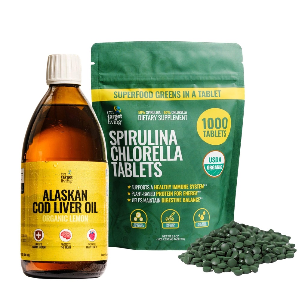 On Target Living Superfood Starter Pack | Alaskan Cod Liver Oil Liquid, Organic Lemon (16.67 oz) + 50/50 Spirulina Chlorella Tablets | Omega-3 DHA/EPA, Vitamin D, Supergreens