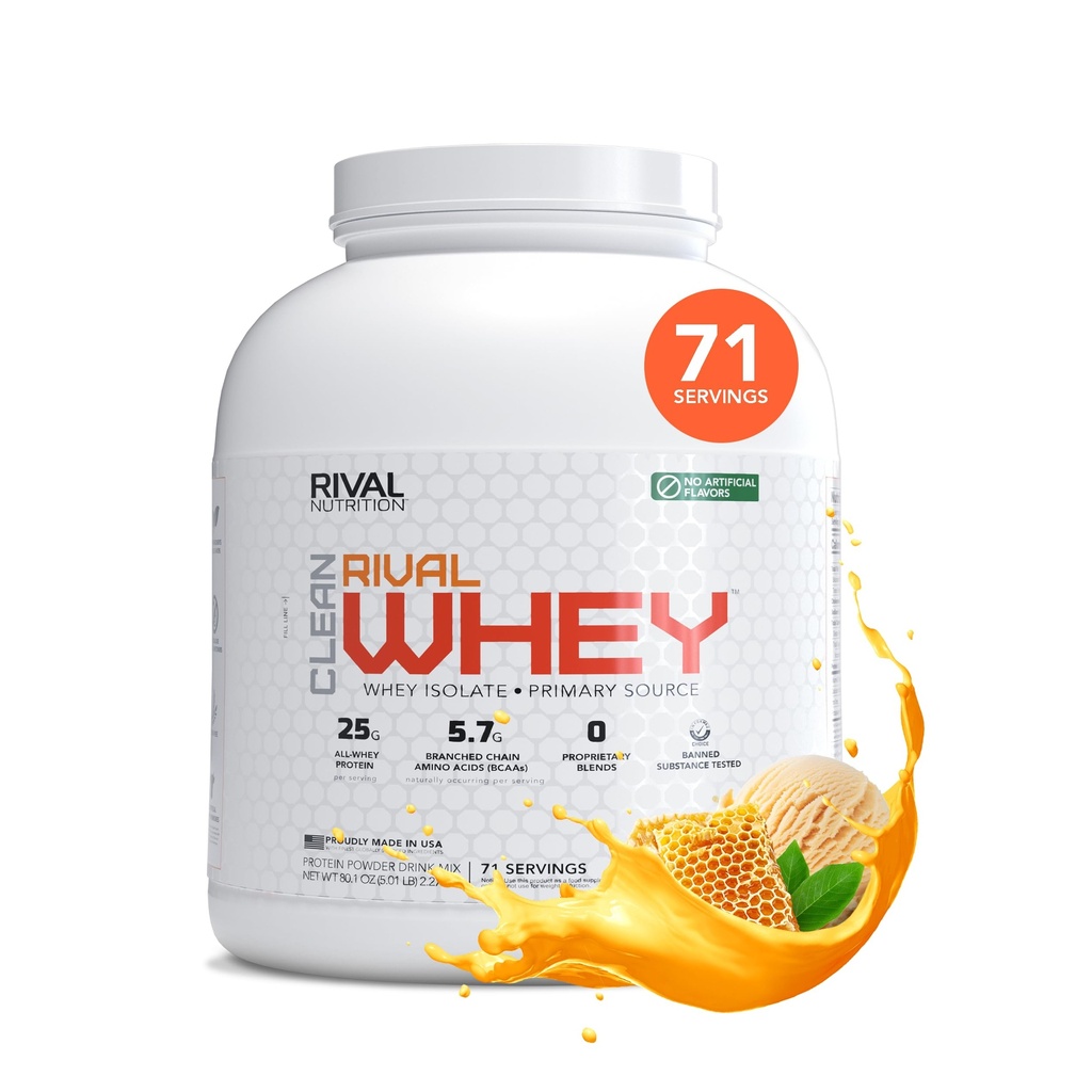 RIVAL NUTRITION Clean Rival Whey Honey Nut Vanilla Protein Powder I Whey Isolate Primary Source I 5.01 Lb, 71 Servings I No Artificial Flavors or Colors I 25g Protein Per Scoop | Muscle Recovery