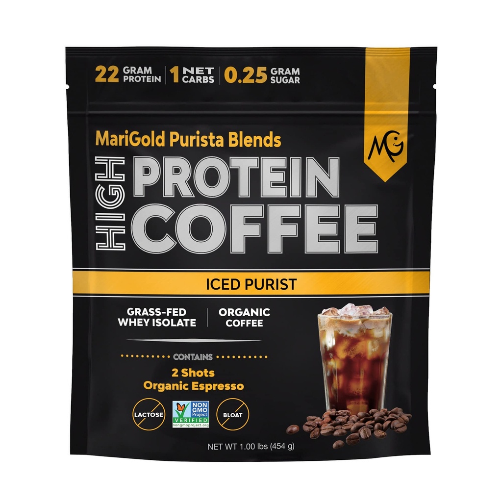 MariGold High Protein Coffee - Iced Purist Flavor | 22g Grass-Fed Whey Isolate Protein, 2 Shots Organic Espresso, Non-GMO, 108 Calories, 1 Net Carb | 1 Lb Bag - 15 Servings