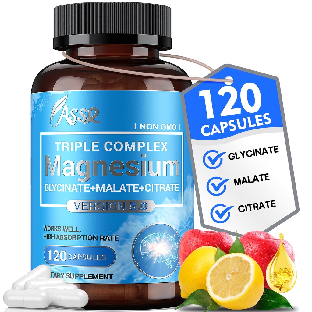 ASSR Triple Magnesium Complex – 300mg Magnesium Supplement mit Glycinat, Malat & Citrat – Unterstützt Entspannung, Muskel- und Nervenfunktion – Hohe Absorption, Vegan, Non-GMO, 120 Kapseln