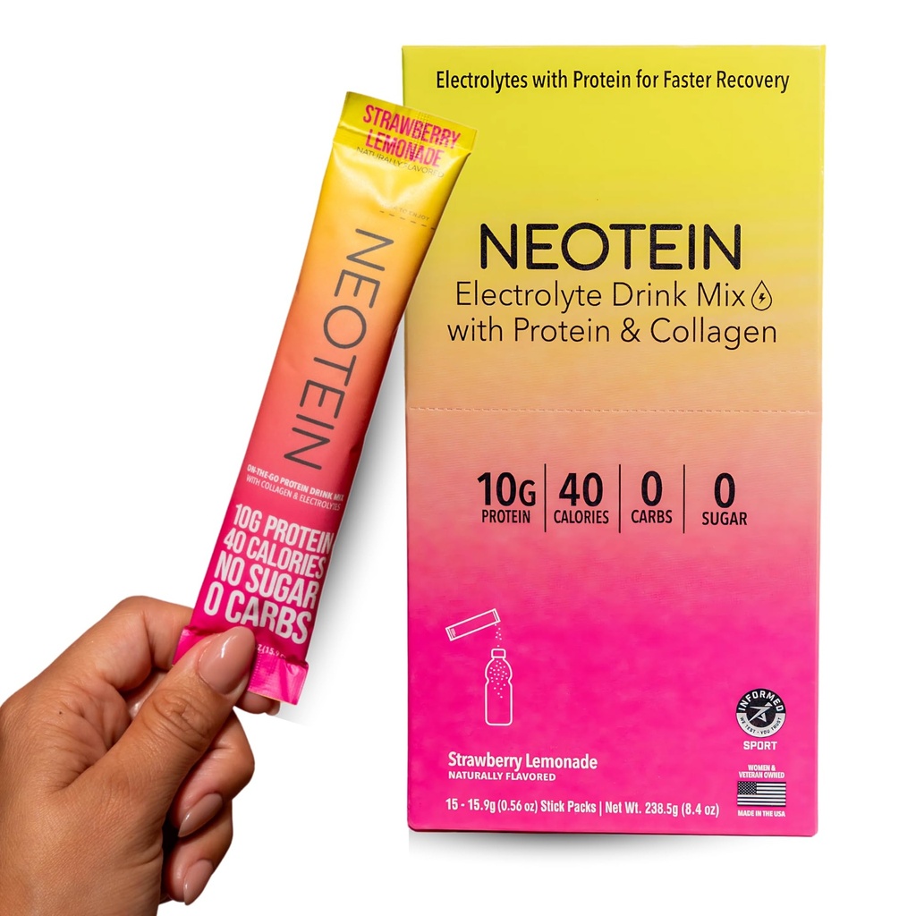 NEOTEIN: Elektrolytpulverpakete, Proteinpulver mit 10g Protein & Kollagen | Hydratpakete - Null Zucker, keine Füllstoffe, keine Kohlenhydrate | Erdbeer-Lemonade | 40 Kalorien | Keto & Paleo | Packung von 15