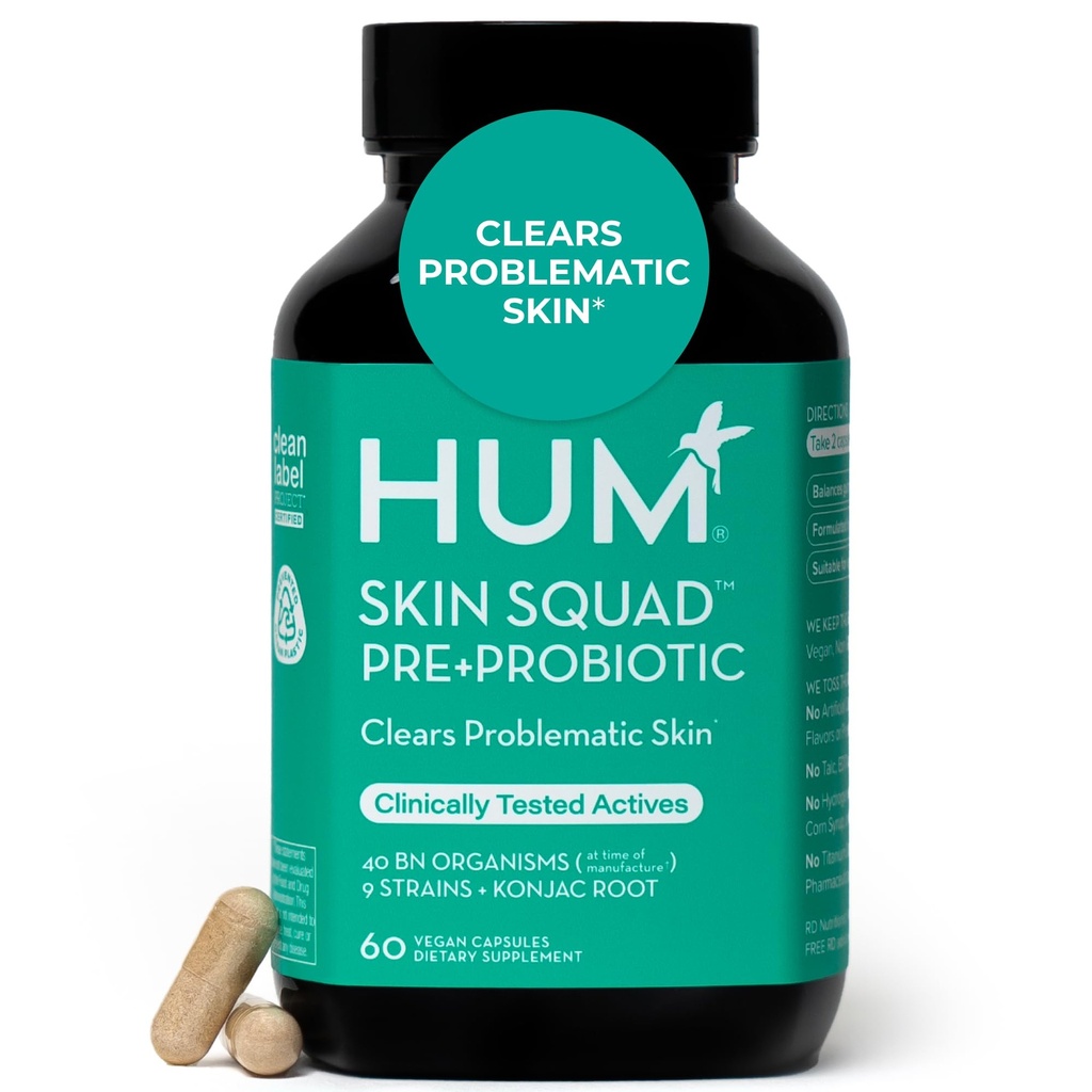 HUM Skin Squad Probiotics for Women and Men, Skin Care Supplement for Clear Complexion & Gut Health Support, Microbiome Prebiotic & Probiotic Supplement for Breakouts, Digestive Health, 60 Capsules