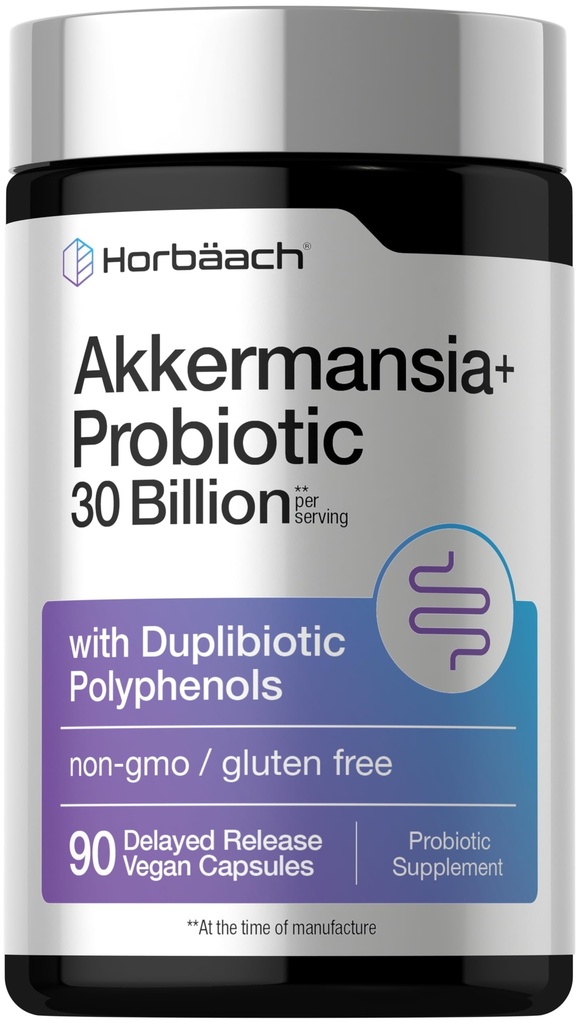 Horbäach Akkermansia Muciniphila Probiotic | 30 Billion | 90 Capsules | with Advanced Prebiotic & Duplibiotic Polyphenols Complex | Non-GMO, Gluten Free Supplement