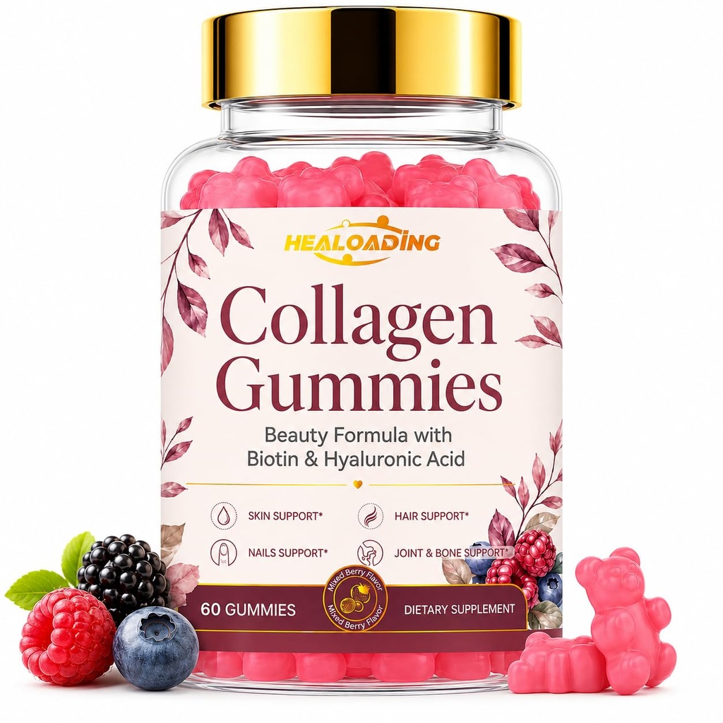 Collagen Gummies with Biotin & Vitamin C, Hydrolyzed Collagen Peptides, Strawberry Flavor Beauty Support Gummies, Pectin-Based, Gluten Free, Non-GMO, 60 Count
