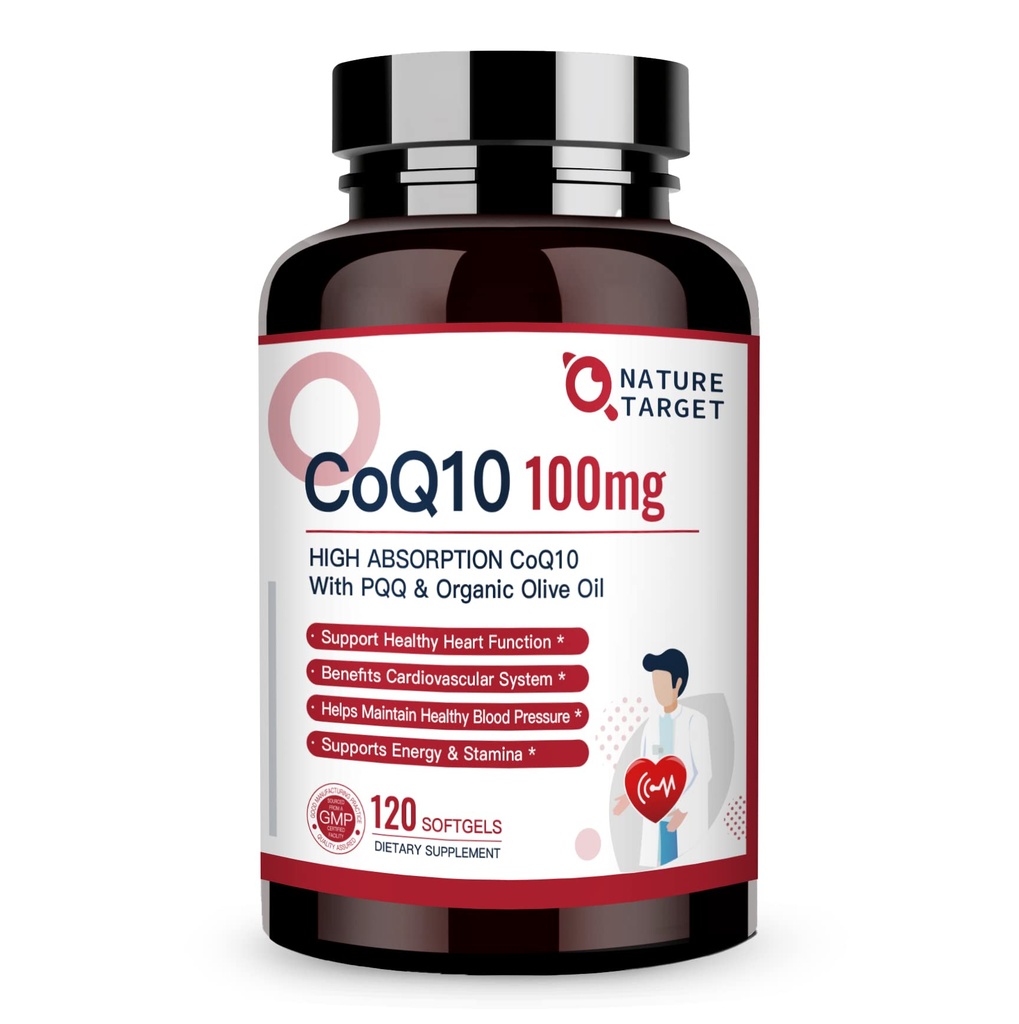 NATURE TARGET CoQ10-100mg-Softgels mit 10mg PQQ - High Absorption Coenzyme-Q10 mit Bio-Olive-Öl - Antioxidans für Herz- und Hirngesundheit, Cellular-Energy-Production, 120 Portionen