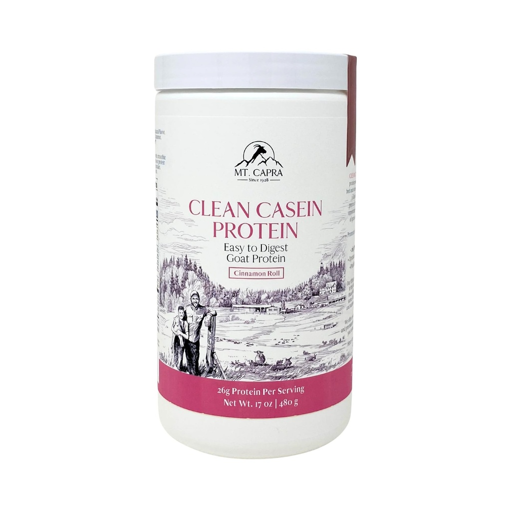 Mt. Capra Clean Casein Protein Powder, Slow-Digesting A2 Goat Milk Protein, 26g Protein per Serving, Overnight Muscle Recovery, Cinnamon Roll Flavor, 1 lb