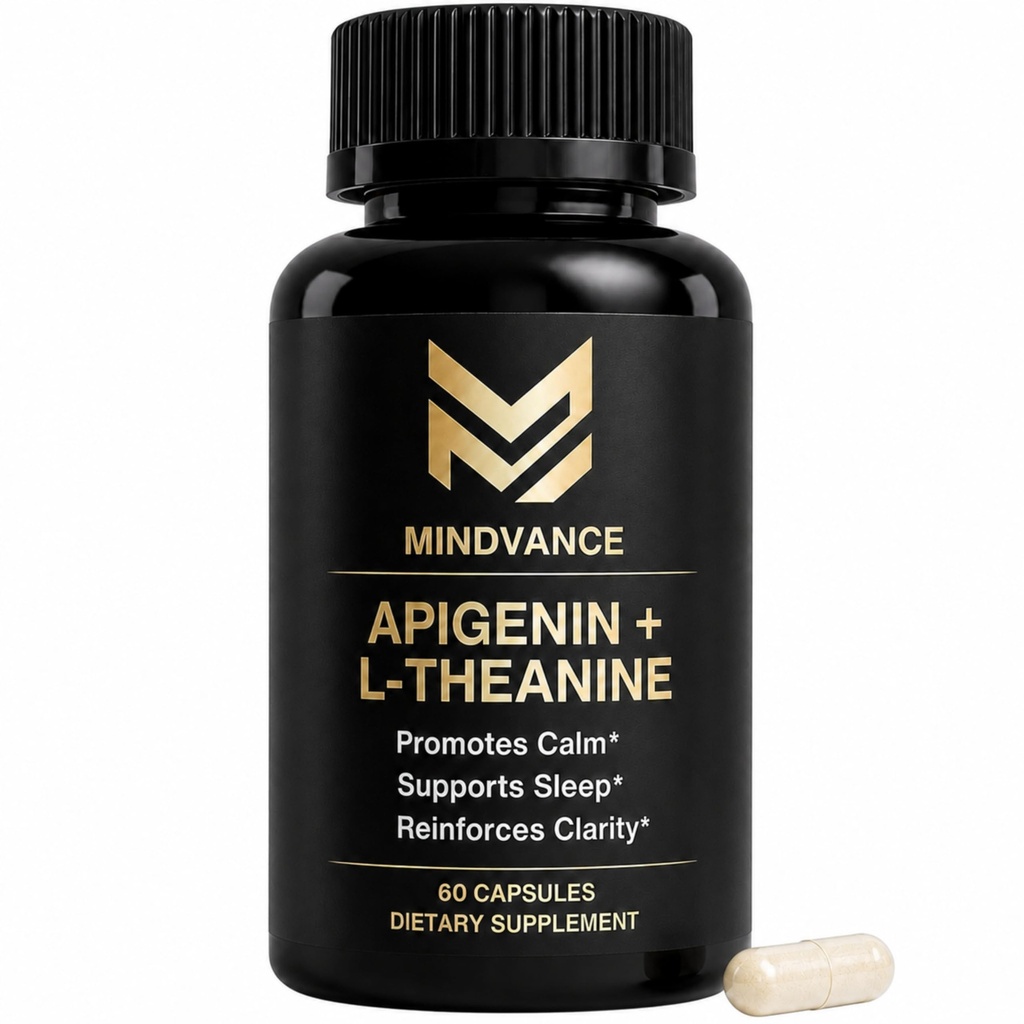 Apigenin 100mg with L-Theanine 200mg Supplement Capsules for Sleep Support, Relaxation, Clarity & Calm | Melatonin Free | 60 Vegan Capsules