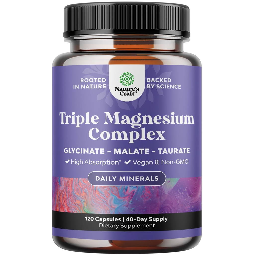 Triple Magnesium Complex Supplement - High Absorption Magnesium Glycinate, Malate & Taurate Blend für Muskeln, Energieunterstützung & Herzgesundheit - Triple Mg Complex 400 mg Kapseln - 120 Zähler