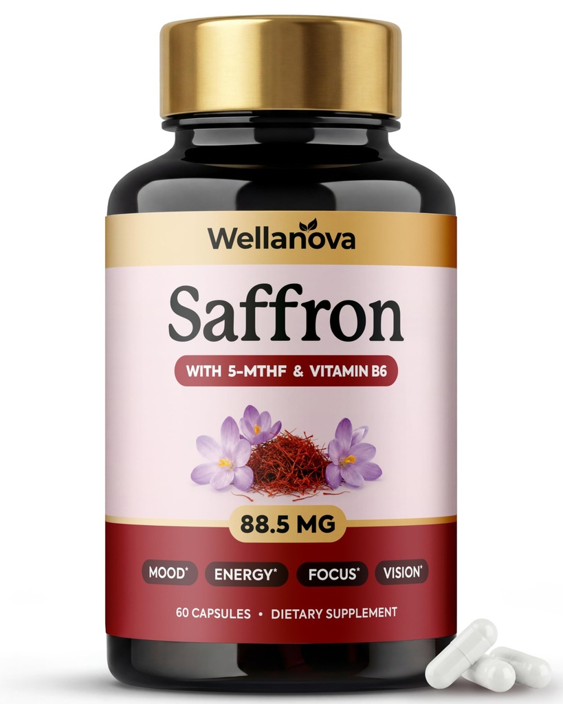 Saffron Supplements – 88.5 mg 100% Pure Saffron Extract with Methylated Folate 5-MTHF & Vitamin B6 – Mood, Focus, Vision & Energy Support – 60 Capsules
