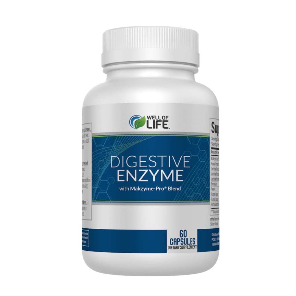 Well of Life Digestive Enzyme: 700mg, 60 Vegetarian Capsules, Enhance Digestive Health, Nutrient Absorption & Gut Health, Lactobacillus, Bromelain, Papain & More, All-Natural, Vegan, Made in USA