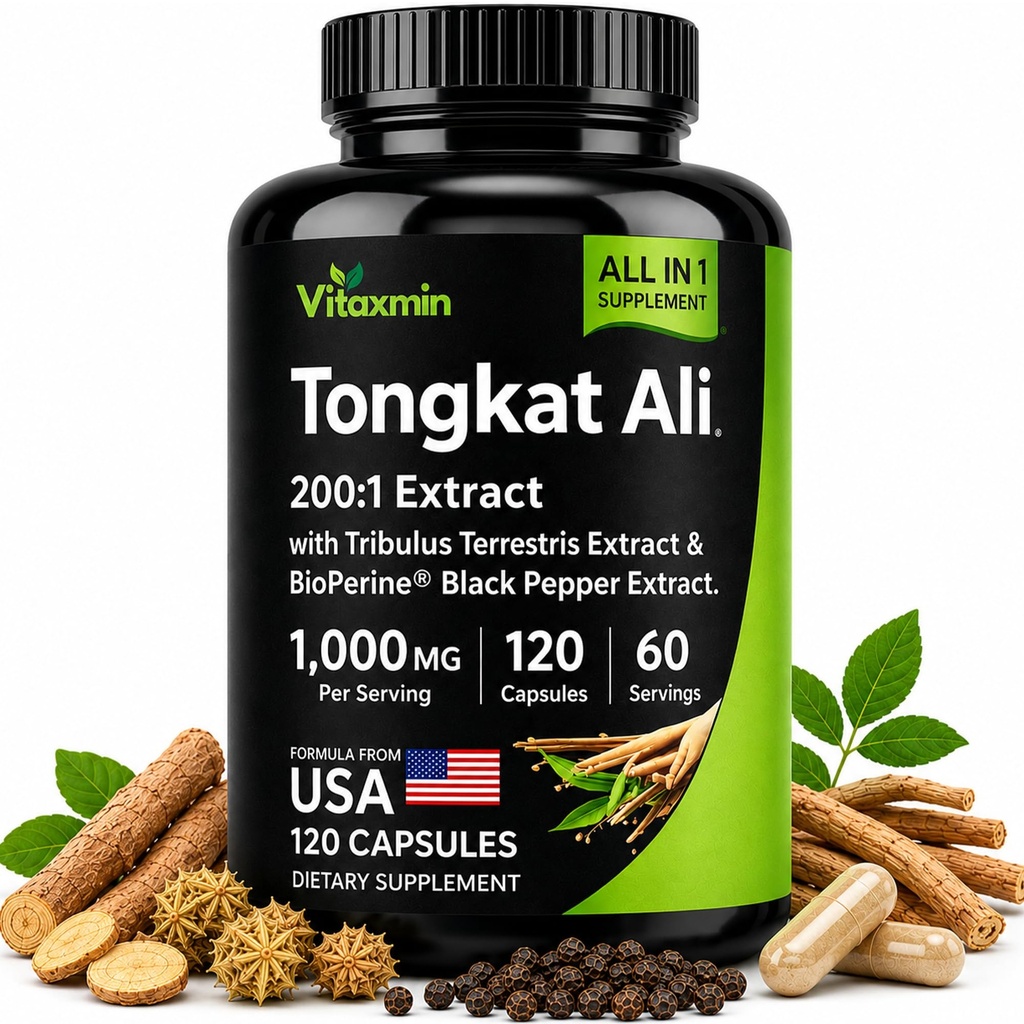Tongkat Ali 1000mg 200:1 Extract Capsules for Men - Testosterone Support Supplement with Tribulus Terrestris and BioPerine - Longjack Eurycoma Longifolia Root - 120 Vegetable Capsules