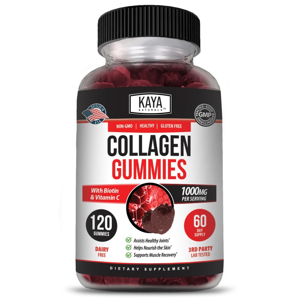 Kaya Naturals Collagen Gummy for Men & Women, 120 Count, 1000mg of Hydrolyzed Collagen, Vitamin C, Selenium & Biotin, Collagen/Strawberry Flavor (120 Gummies)