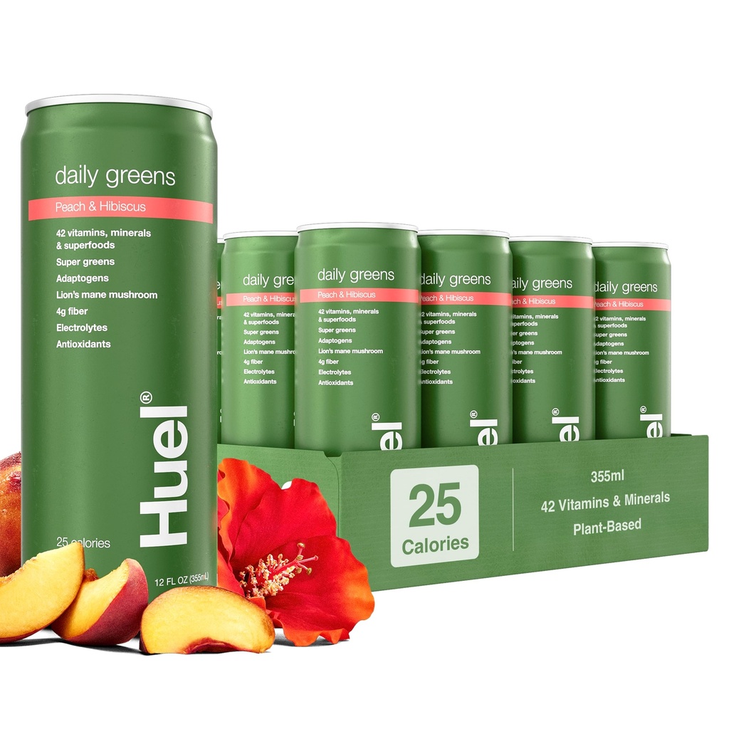 Huel Daily Greens Ready-to-Drink | Peach Hibiscus Superfood Greens | 42 Vitamins, Minerals, and Wholefood-Sourced Ingredients | Adaptogens, Antioxidants, Gut-Friendly Probiotics | 12 Fl Oz, 12 Pk