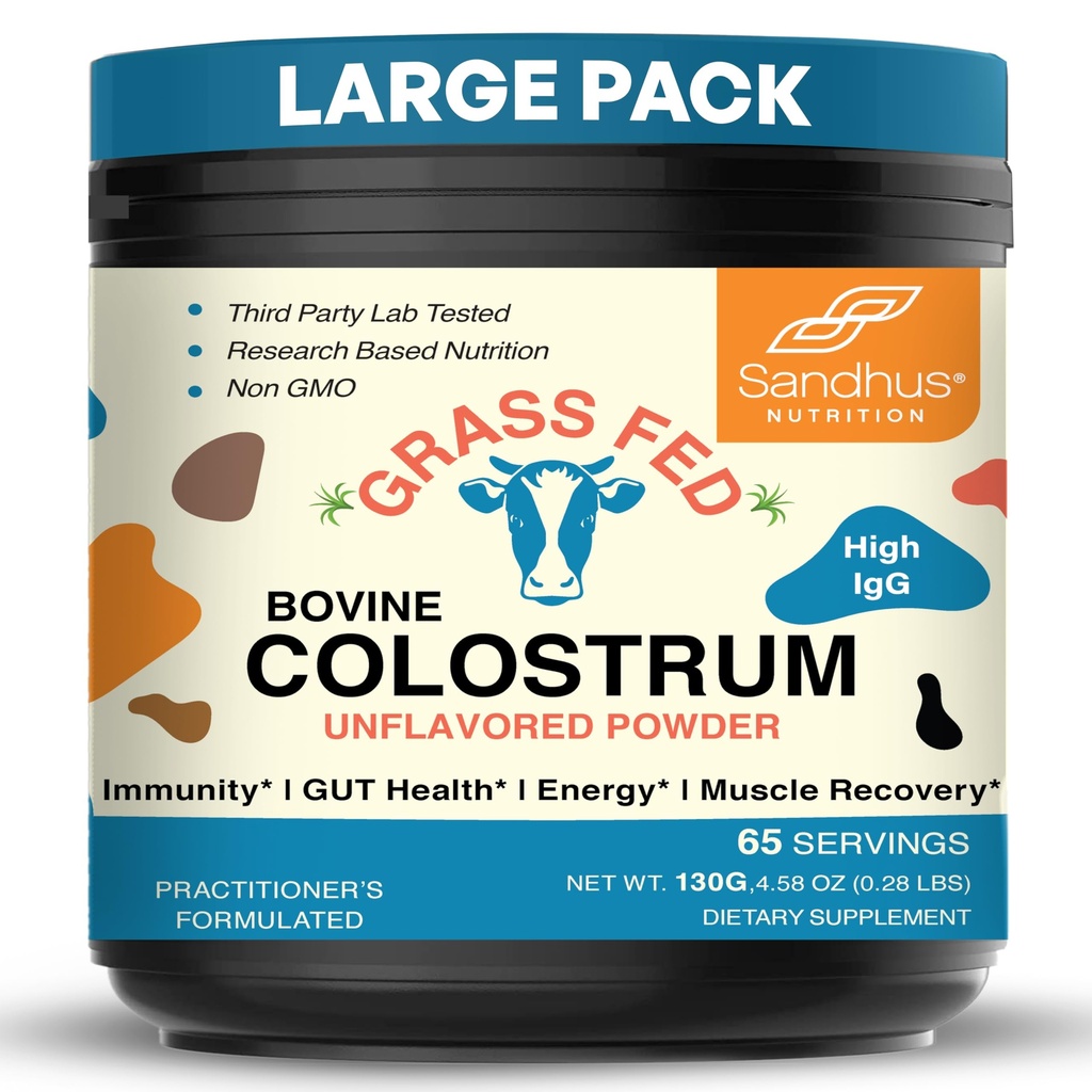 Sandhu's Gras Fed Bovine Colostrum Powder for Humans, Erwachsene | 65 Servierungen (Pack von 1) Kühe Beilage | Hohe IgG für Gut Gesundheit | Immunität & Muskel Erholung Unterstützung | Unflavored | für Männer & Frauen