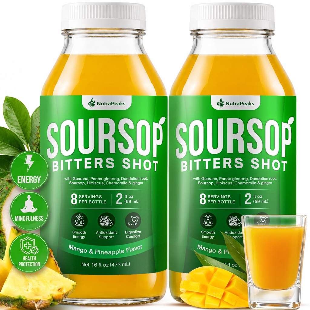 Soursop Bitters Liquid – Immunity + Energy Shot, Ready to Drink Tropical Mango with L-Theanine, Guarana, Ginseng & Hibiscus – Herbal Digestive Formula, No Added Sugar, Vegan, Gluten-Free, Non-GMO – 16oz Bottle, 2 Pack (2 Week Supply)