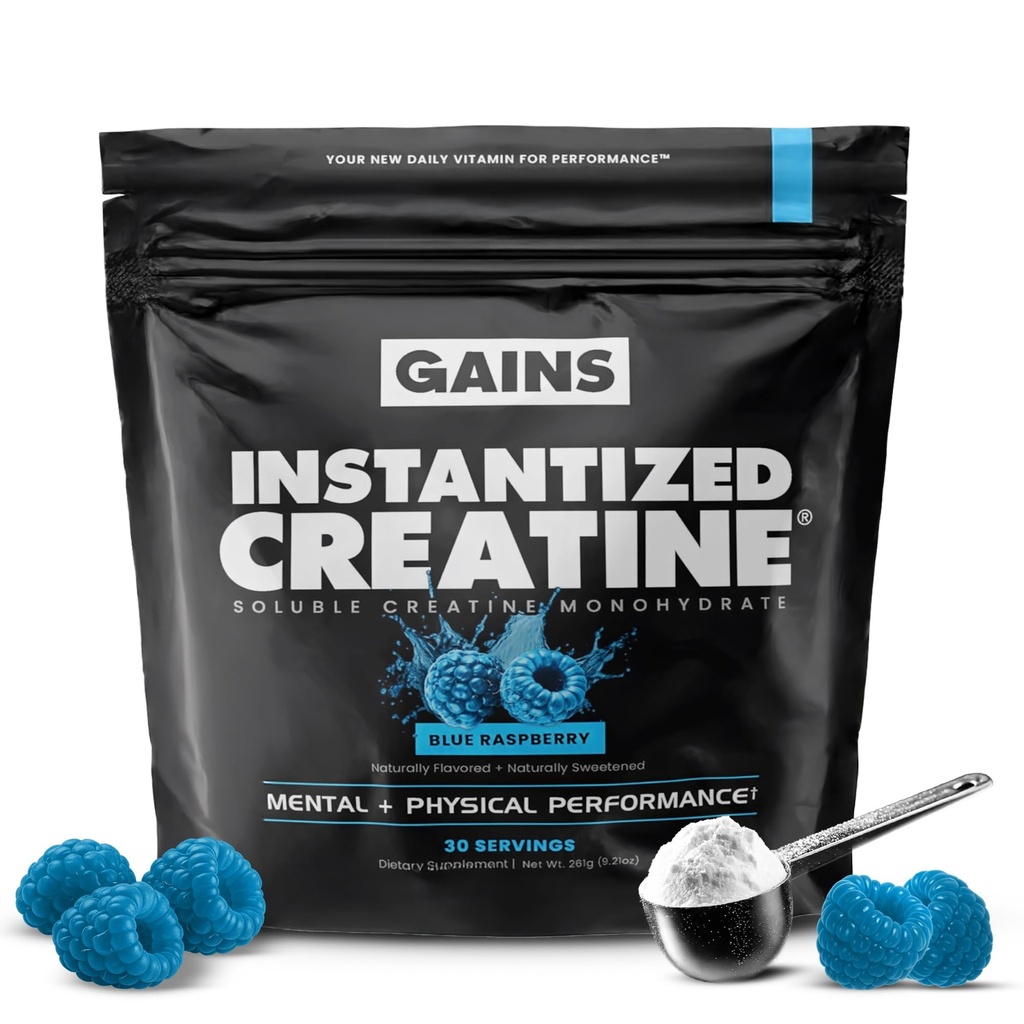 Gains in Bulk Instantized Creatine Monohydrate for Men & Women, Soluble Pre Workout Powder, Supports Muscle Building, Strength and Performance, Bodybuilding Supplements, Blue Raspberry, 30 Servings