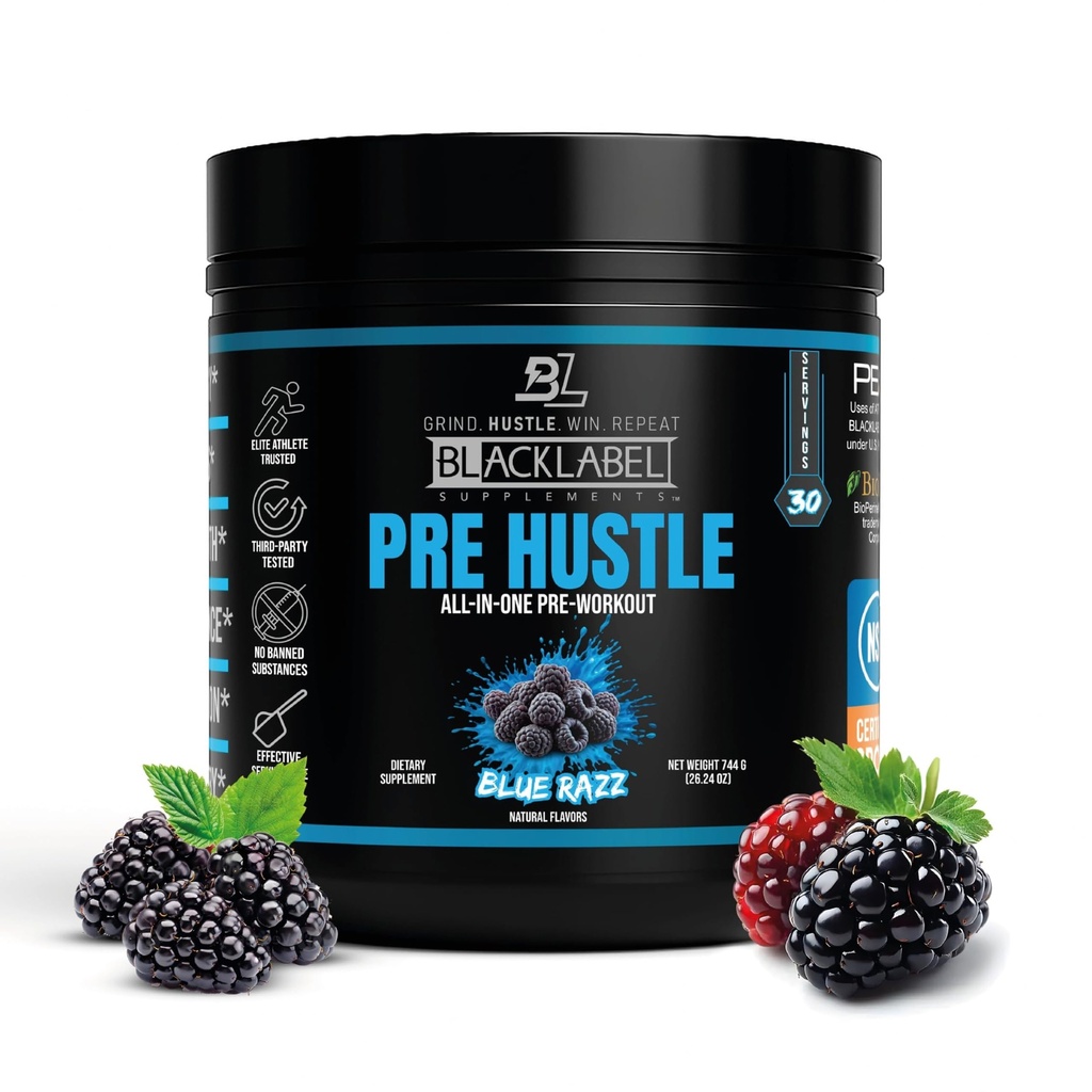 BLACKLABEL Supplements PRE Hustle V3 Pre-Workout Powder – NSF Certified for Sport – Energy, Strength & Endurance Support – Blue Razz – with Creatine & Caffeine – 30 Servings