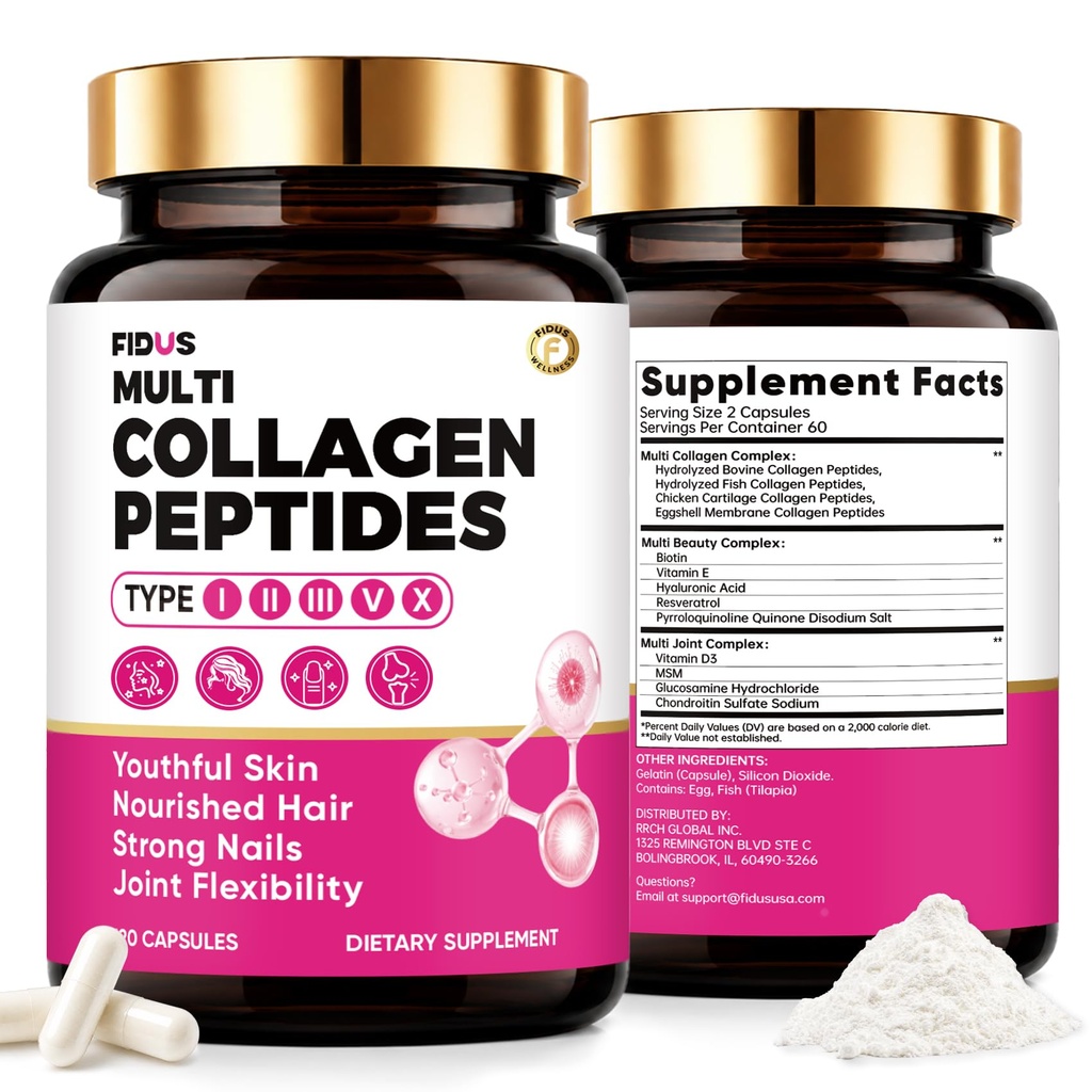 Fidus Multi Collagen Peptides Capsules - Type I, II, III, V & X Hydrolyzed Collagen for Women with Biotin 10000mcg, Hyaluronic Acid & MSM | 120 Capsules