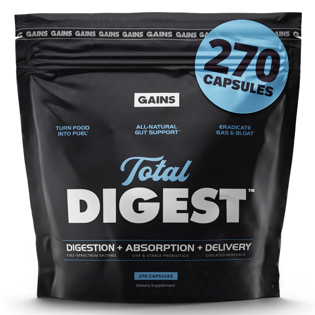 Gains in Bulk Total Digest, Digestive Enzymes, Prebiotics and Probiotics for Digestive Health, Bloating Support, Gut Health for Women and Men, Promotes Protein, Carb and Fat Digestion, 270 Capsules