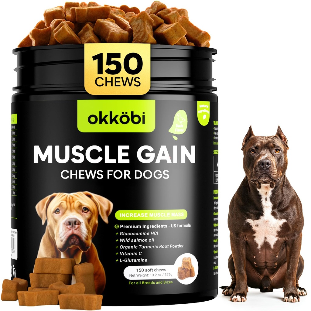 11-in-1 Muscle Gain Chews - Weight Gain Supplements for Dogs with High Protein & Amino Acids - Premium Muscle Builder for Bully & All Breeds - Healthy for Puppies - 150 Chews - Duck