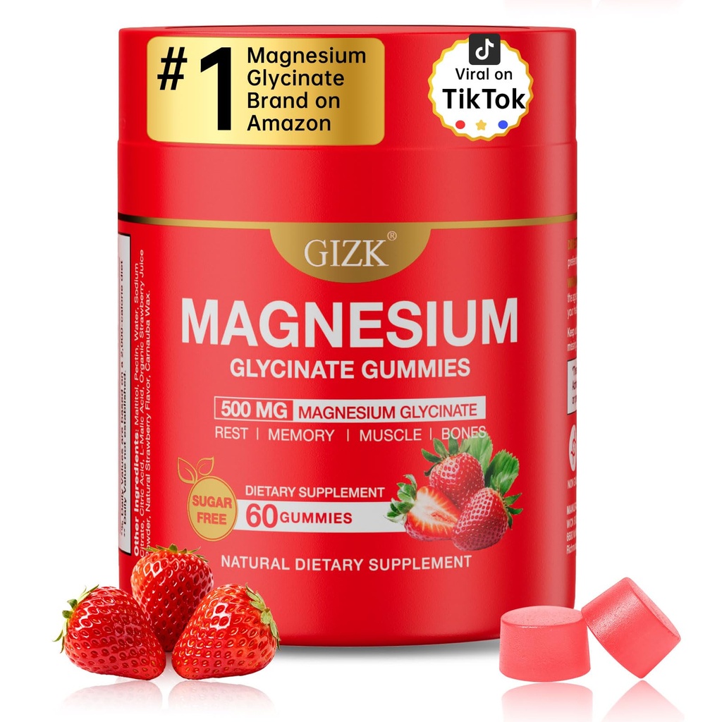 Magnesium Glycinate Gummies 500mg – Sugar Free Magnesium Gummies with L-Theanine - Sleep, Calm, Stress Relief for Adults & Kids 4+, Vegan, No Melatonin (Strawberry Flavor, 60 Count)