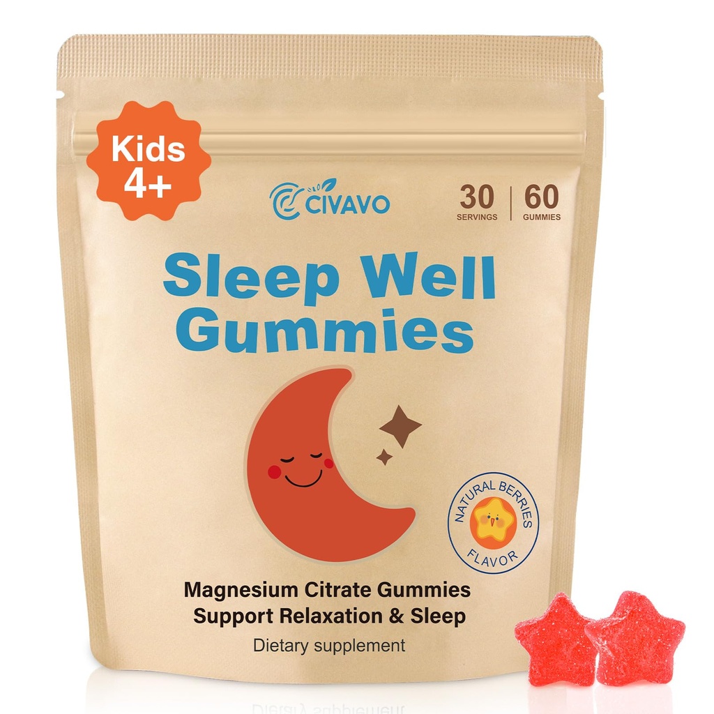 Kids Magnesium Citrate Gummies for Ages 4+ | No Melatonin, Hormone-Free Sleep Support with L-Theanine | Chelated Magnesium for Better Sleep & Calm | Natural Strawberry, 30 Serving