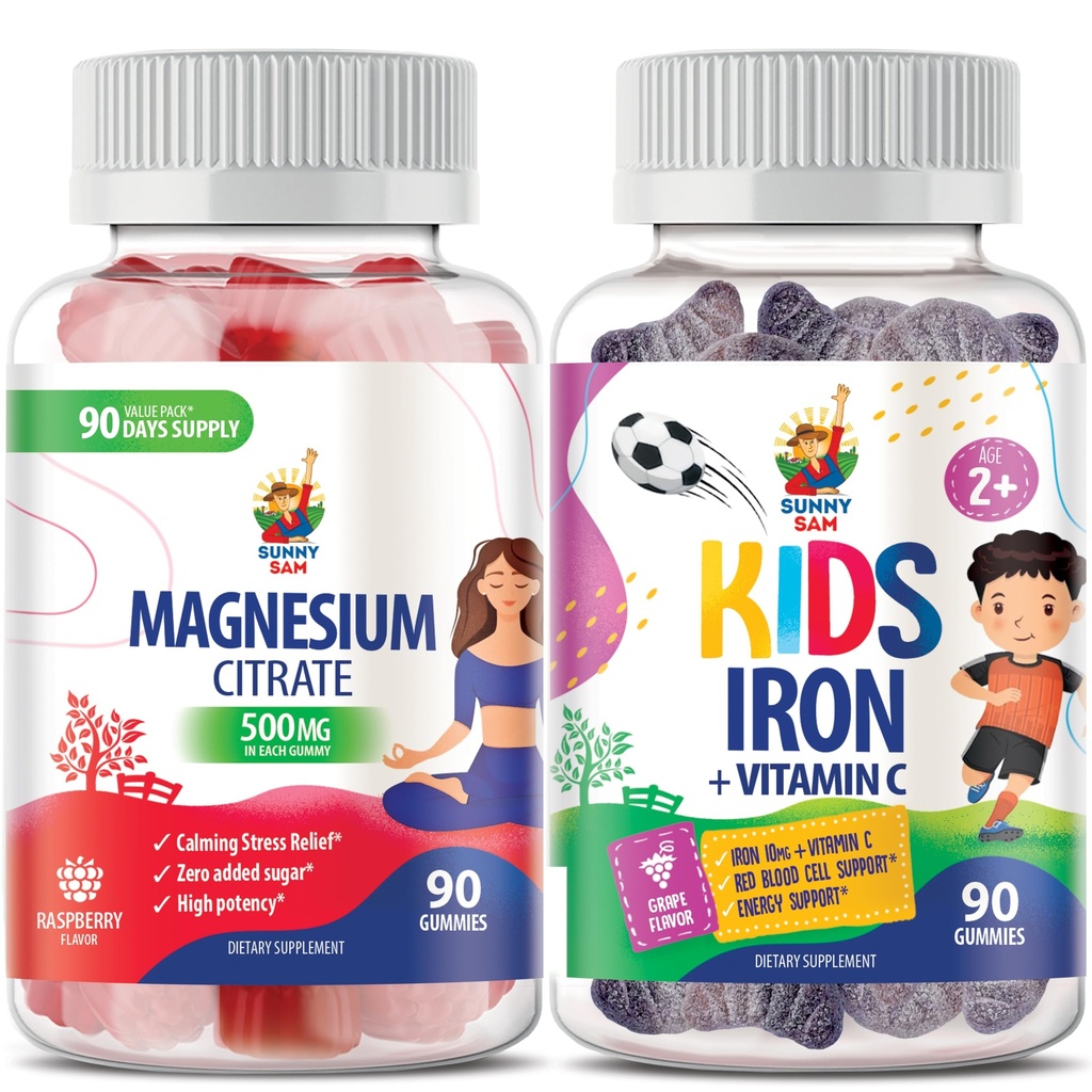 SUNNY SAM Eisengummis für Kinder & Erwachsene &amp; Magnesium Gummi für Erwachsene - 500mg - Kalm Magnesium Chews - Magnesium Citrate Kaubare Ergänzung für Mood & Muskelunterstützung. Eisen Vitamine mit Vitamin C.