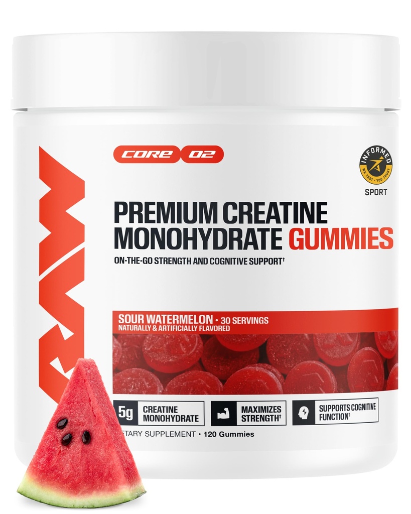 RAW Nutrition Creatine Gummies, Sour Watermelon, 5g Creatine Monohydrate, Supports Strength & High-Intensity Performance, No Mixing Chewable Pre/Post Workout Supplement, 120 Gummies (30 Servings)