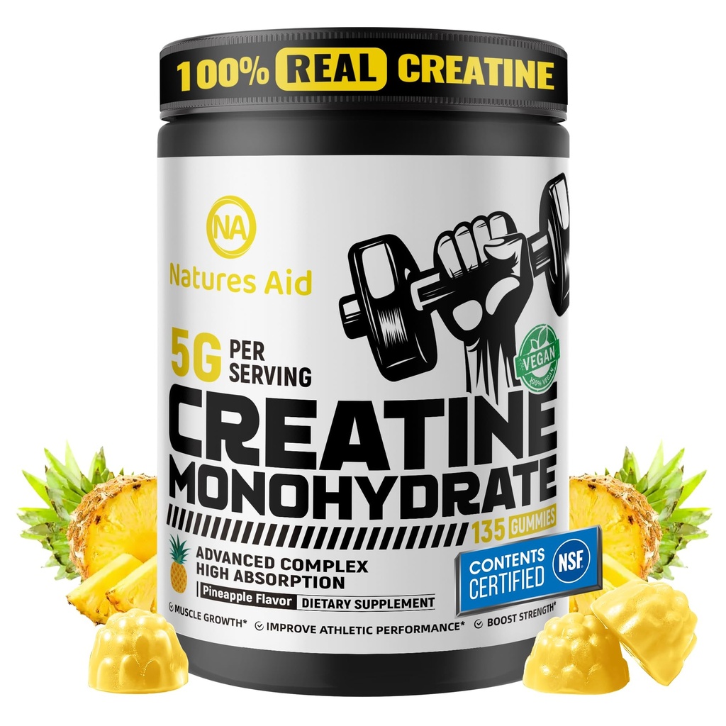 Natures Aid NSF Certified Creatine Gummy 5g - Creatine Monohydrate Gummies – Pre-Workout Energy & Muscle Growth Support for Men & Women | Pineapple Electrolyte Gummies (135 Count)