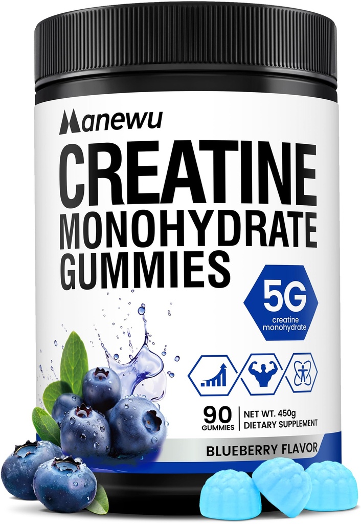 Creatine Monohydrate Gummies, 5g Creatine Dose, 99.9% Pure Creatine for Men & Women, Lab Verified, Sugar Free & Vegan, Supports Muscle Strength, Recovery & Stamina, Blueberry Flavor, 90 Count