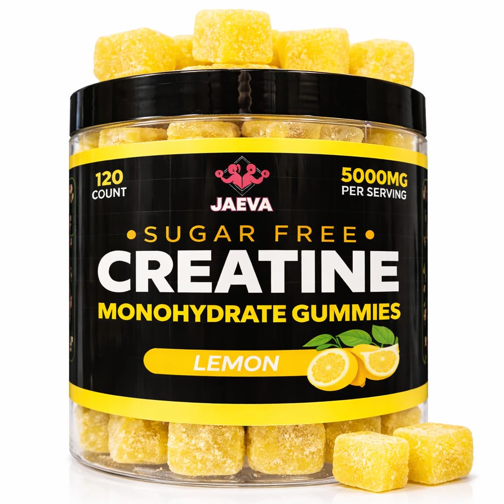 Jaeva Sugar Free Creatine Monohydrate Gummies 5g, 5000mg for Men & Women, Lemon - 120 Count, Pre Workout Chews for Energy Boost, for Building Muscle and Strength, Vegan, Non-GMO- 3rd Party lab Tested