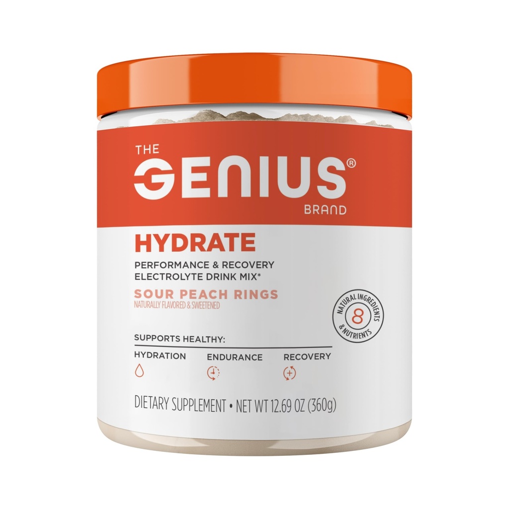 Die Genius-Marke Genius Hydrate - Elektrolyt-Ergänzung für tägliche Hydration - Kokoswasser - Zuckerfrei - 8 Essential Minerals & Nährstoffe - Non-GMO - Sauere Pfirsichringe - 50 Servietten