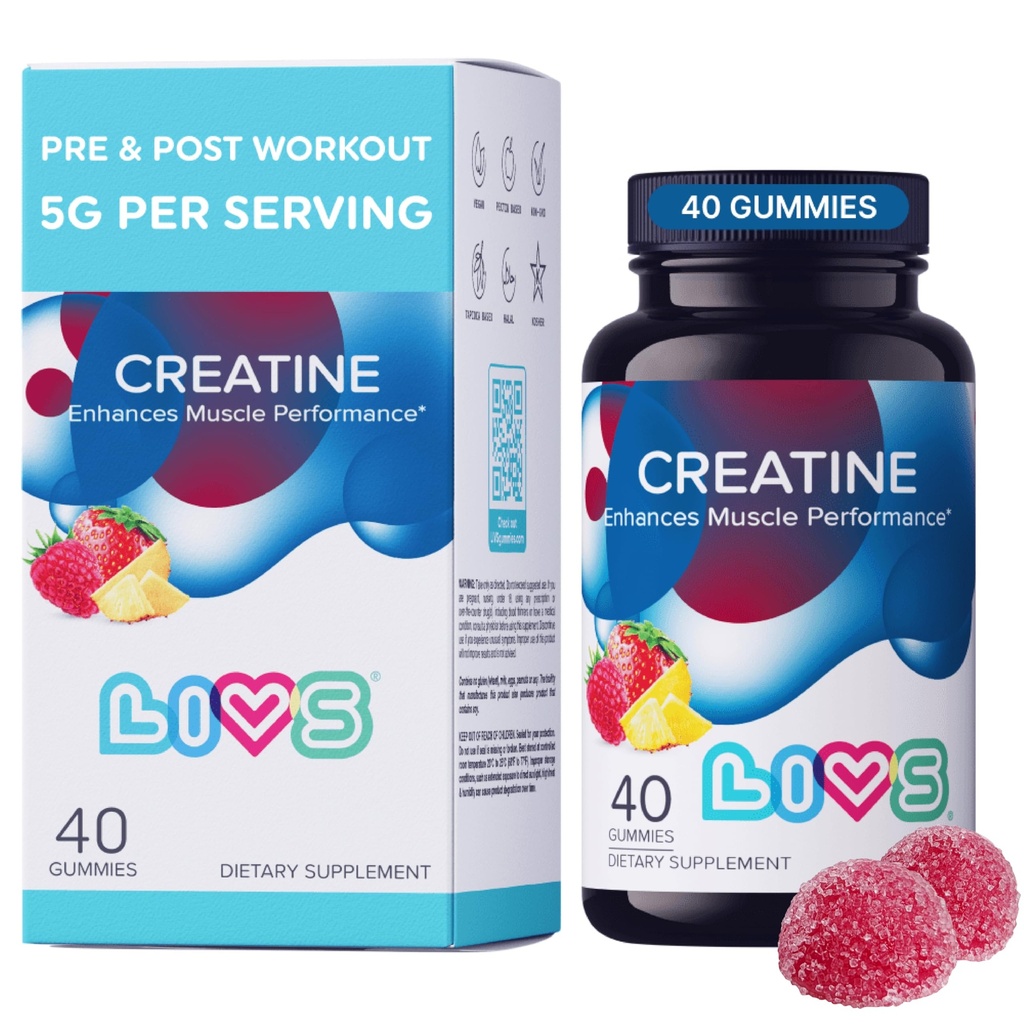 LIVS Creatine Monohydrate Gummies 5g (5000mg) – Pre Workout Supplement for Women & Men – Muscle Growth, Strength & Recovery – Vegan, Halal & Kosher, Non-GMO – Tropical Fruit Punch – 40 Count